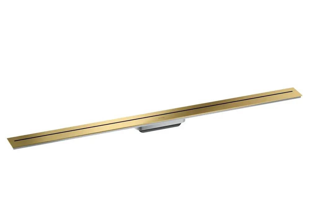 Duschrinne in gebürstetem Messing von AXOR. Flaches, langes Design für Wandmontage, mit zwei parallelen Rillen auf der Oberfläche.